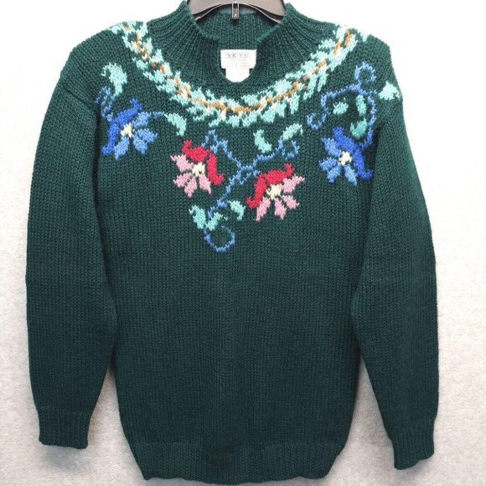 SKYR Vintage 80s Sweater Small‎ Floral Knit Wool Green Novelty Kitchsy